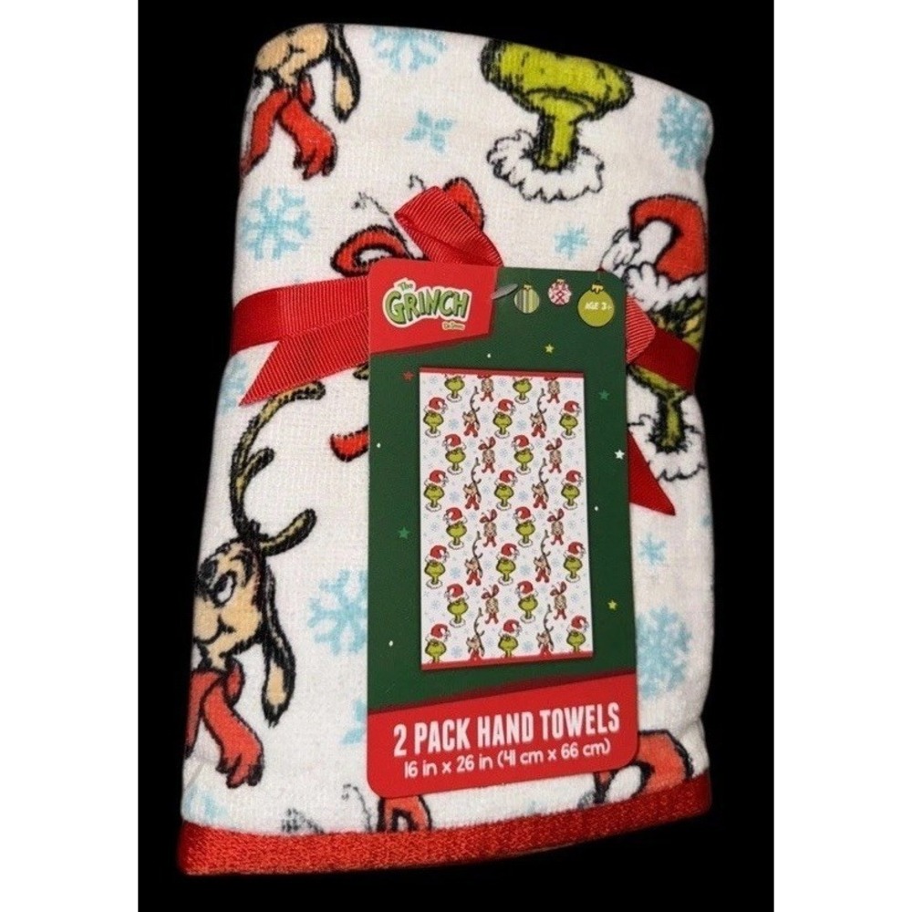 Dr Seuss The Grinch Christmas Bathroom Hand Towels 2-Pack White Cotton Print - Picture 1 of 4